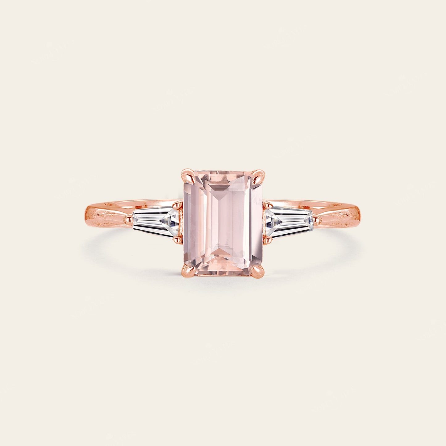Emerald Cut Pink Morganite Engagement Ring Three Stones Art Deco