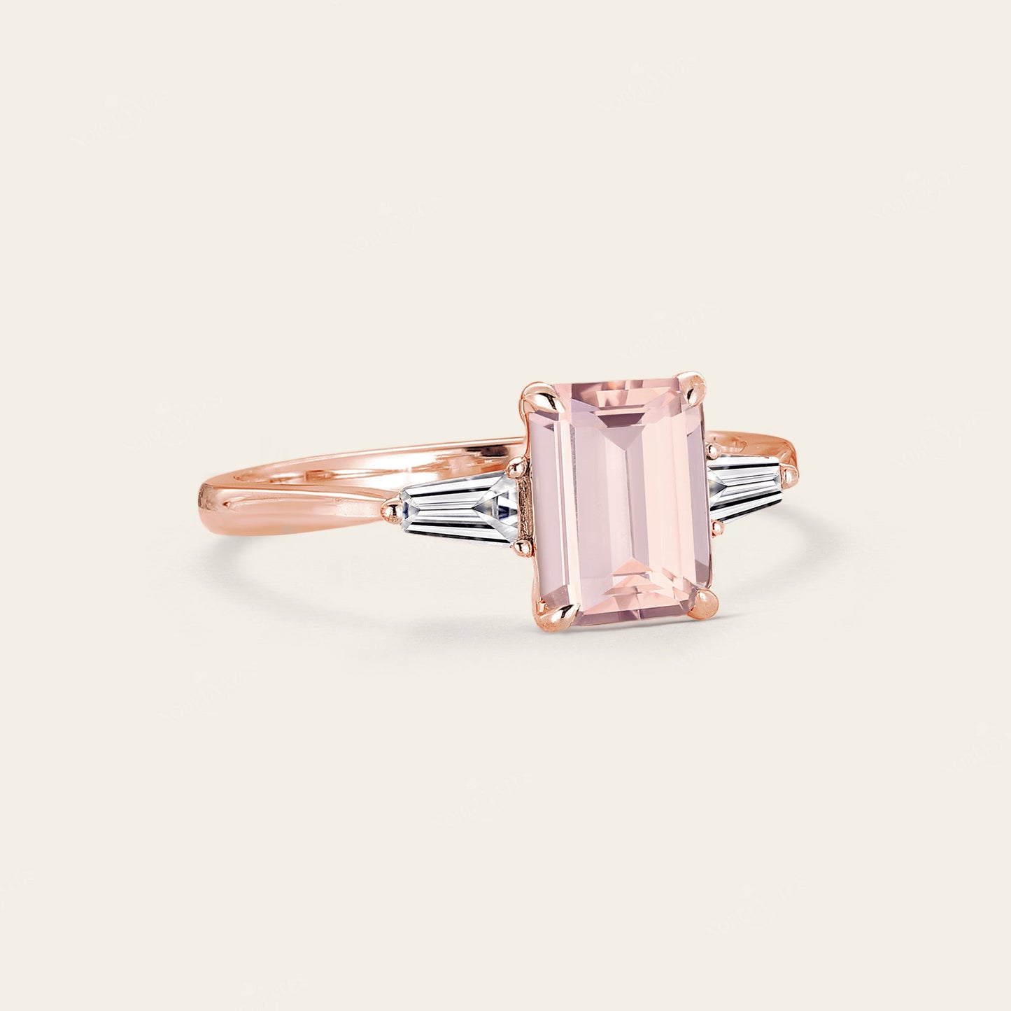 Emerald Cut Pink Morganite Engagement Ring Three Stones Art Deco