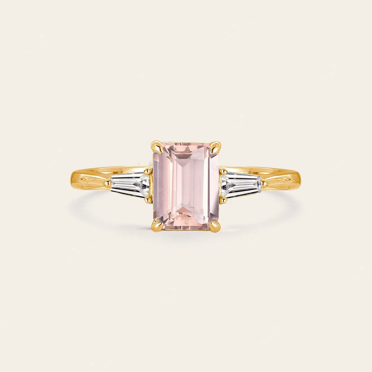 Emerald Cut Pink Morganite Engagement Ring Three Stones Art Deco