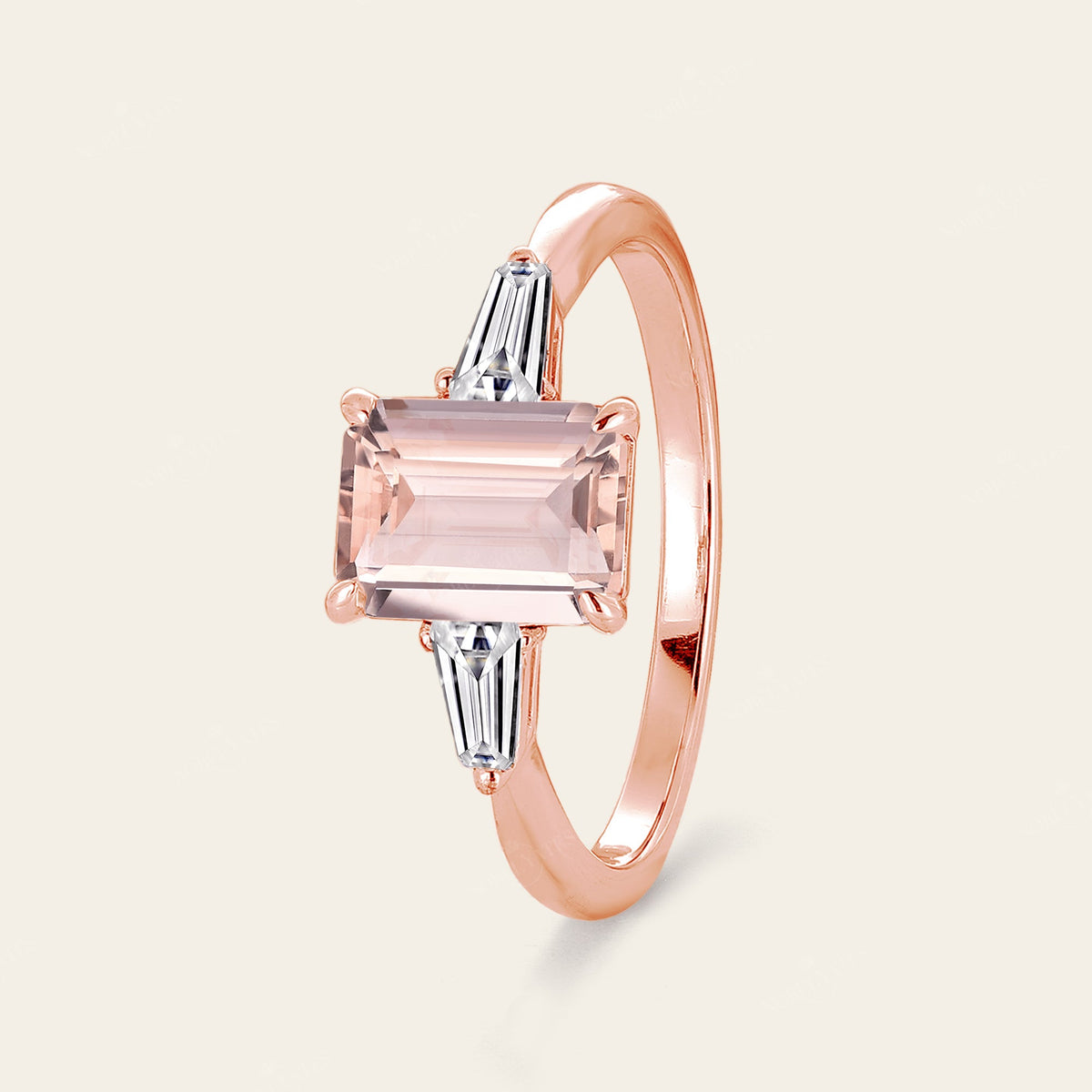 Emerald Cut Pink Morganite Engagement Ring Three Stones Art Deco