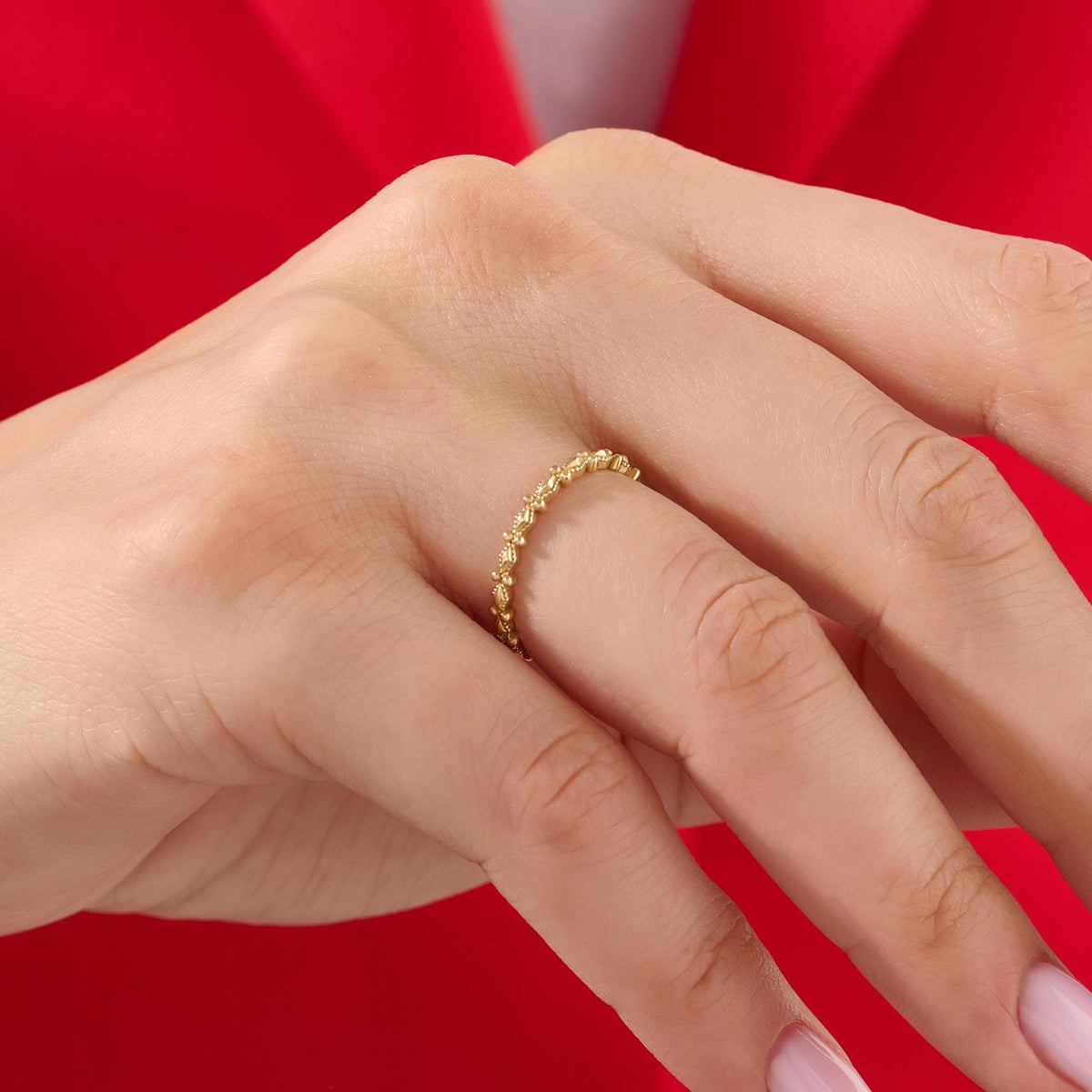 Dainty Milgrain Wedding Ring 14k Gold – Art Deco Minimalist Band, Handmade Stackable Jewelry