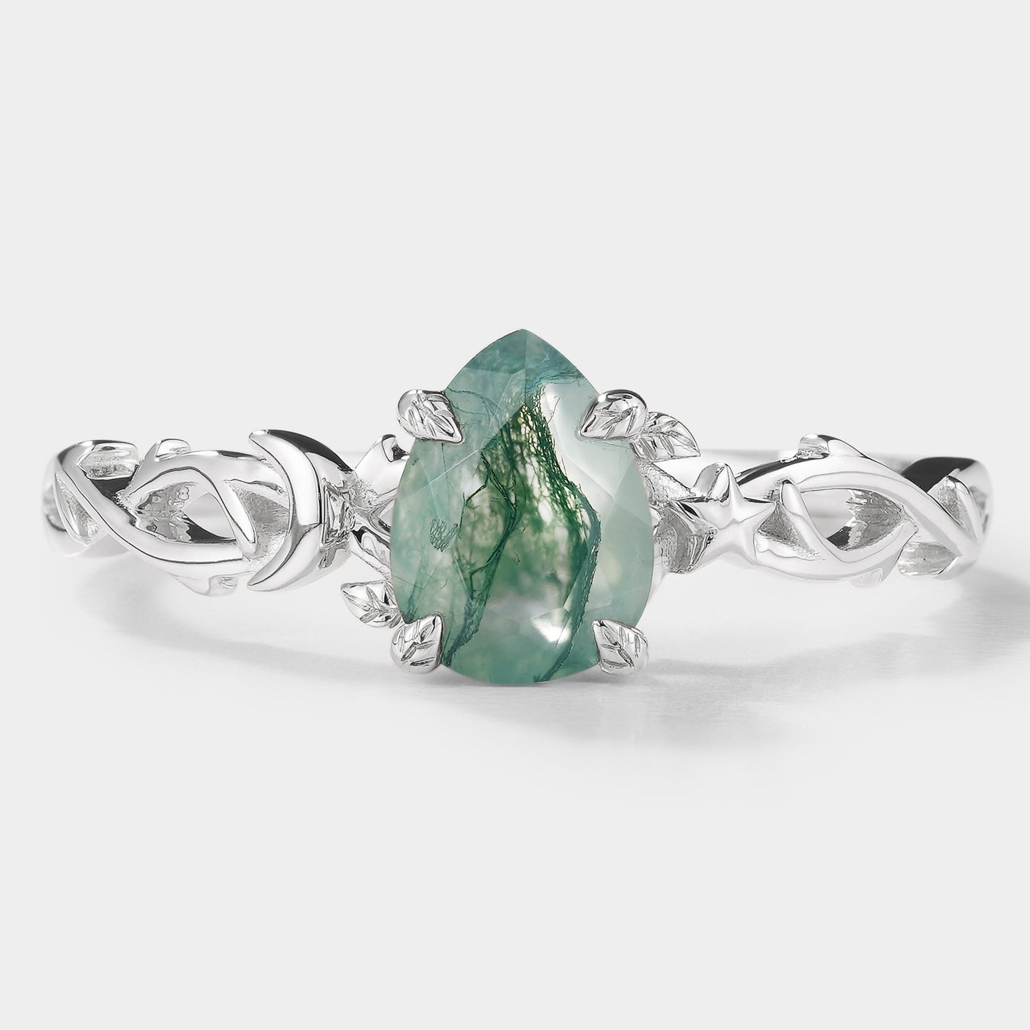 Pear Cut Moss Agate Branch Leaf Engagement Ring With Star And Moon