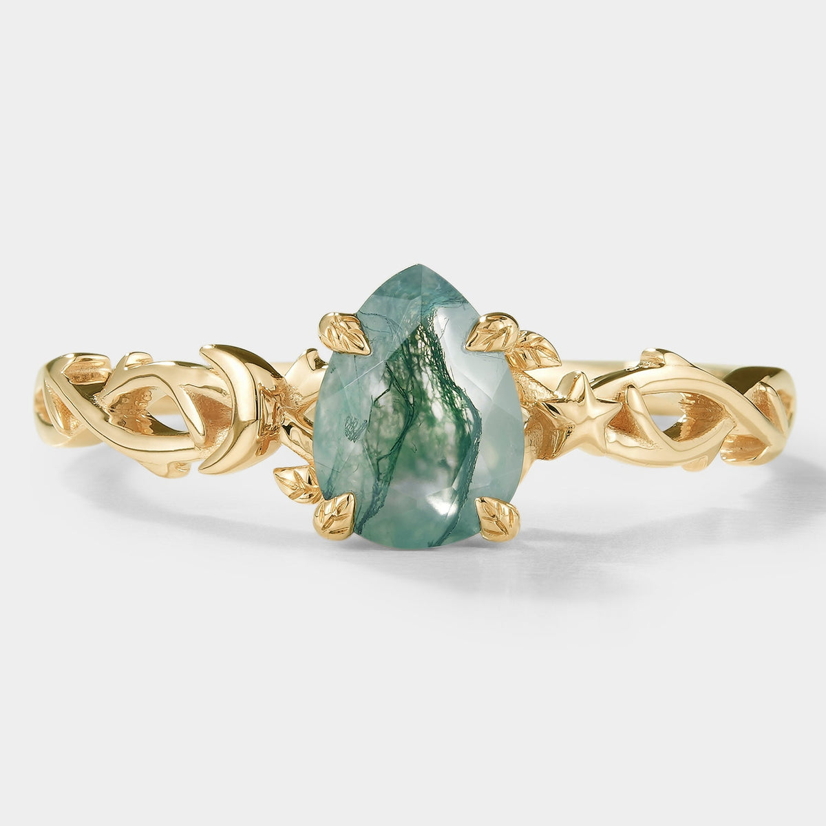Pear Cut Moss Agate Branch Leaf Engagement Ring With Star And Moon