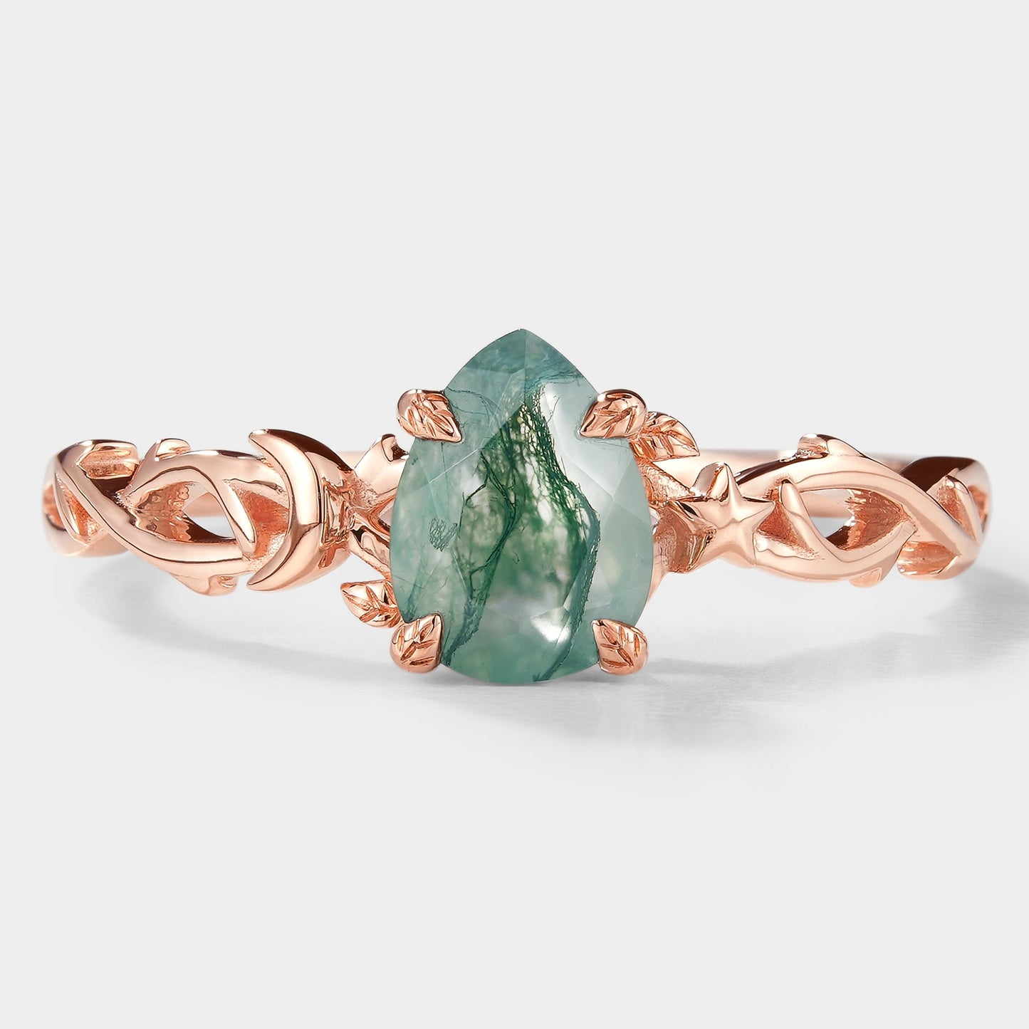 Pear Cut Moss Agate Branch Leaf Engagement Ring With Star And Moon