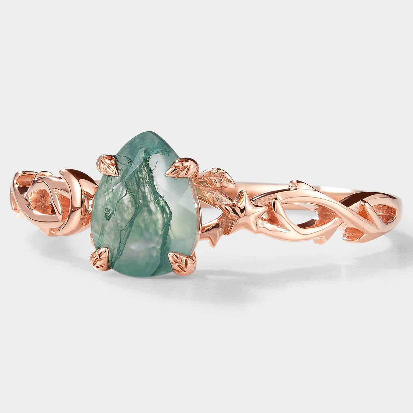Pear Cut Moss Agate Branch Leaf Engagement Ring With Star And Moon