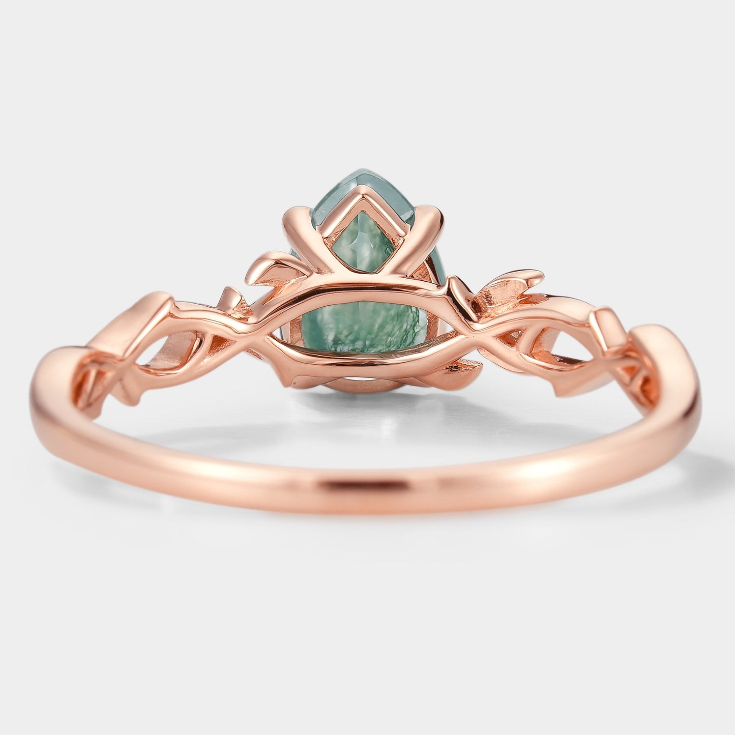 Pear Cut Moss Agate Branch Leaf Engagement Ring With Star And Moon