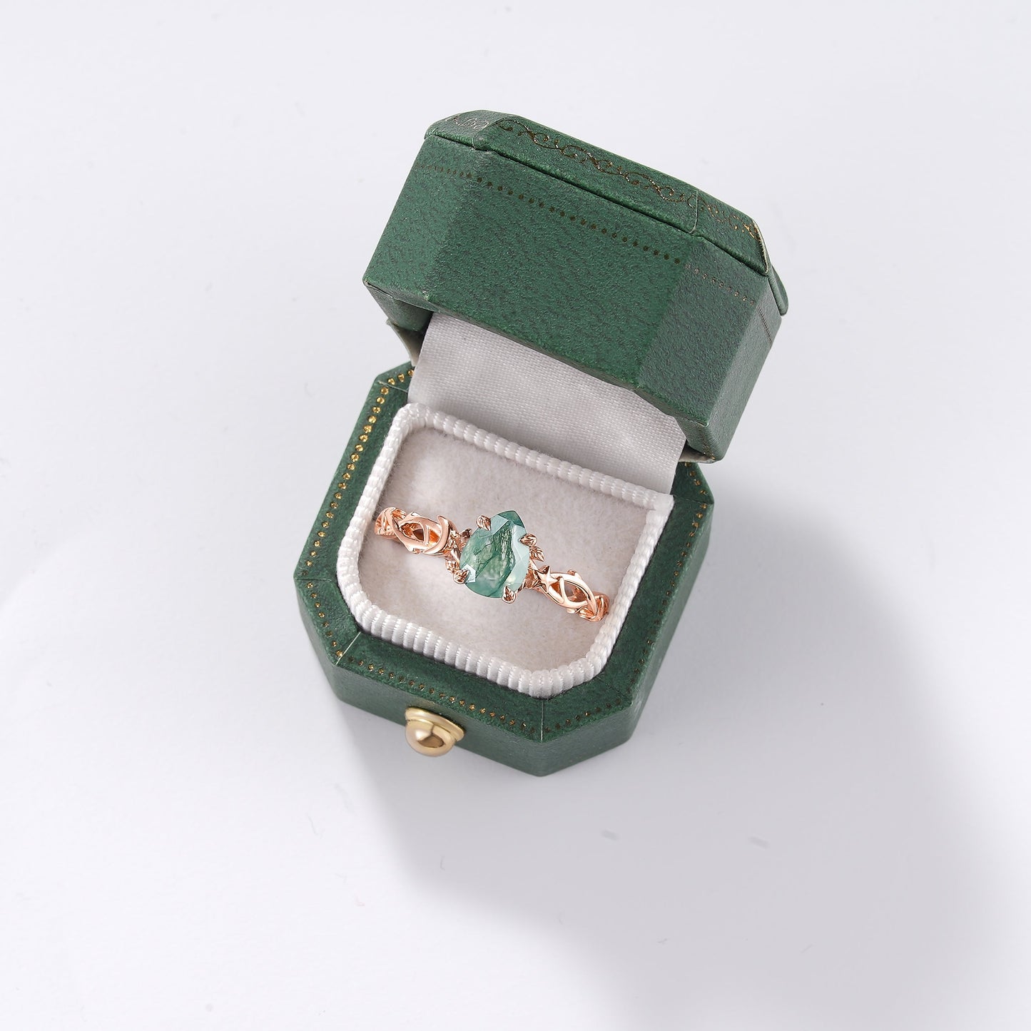 Pear Cut Moss Agate Branch Leaf Engagement Ring With Star And Moon