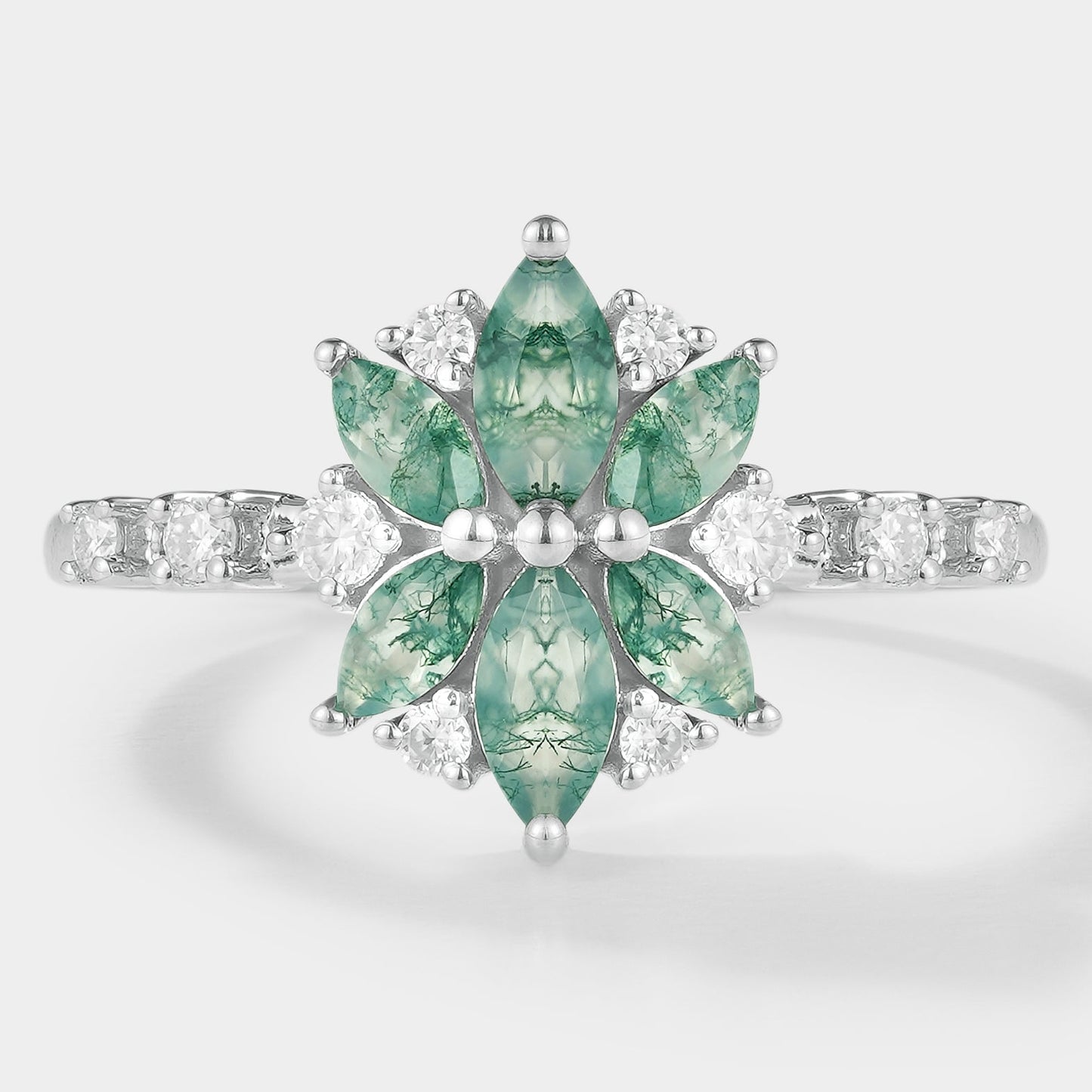 Marquise Cut Moss Agate Petal Engagement Ring