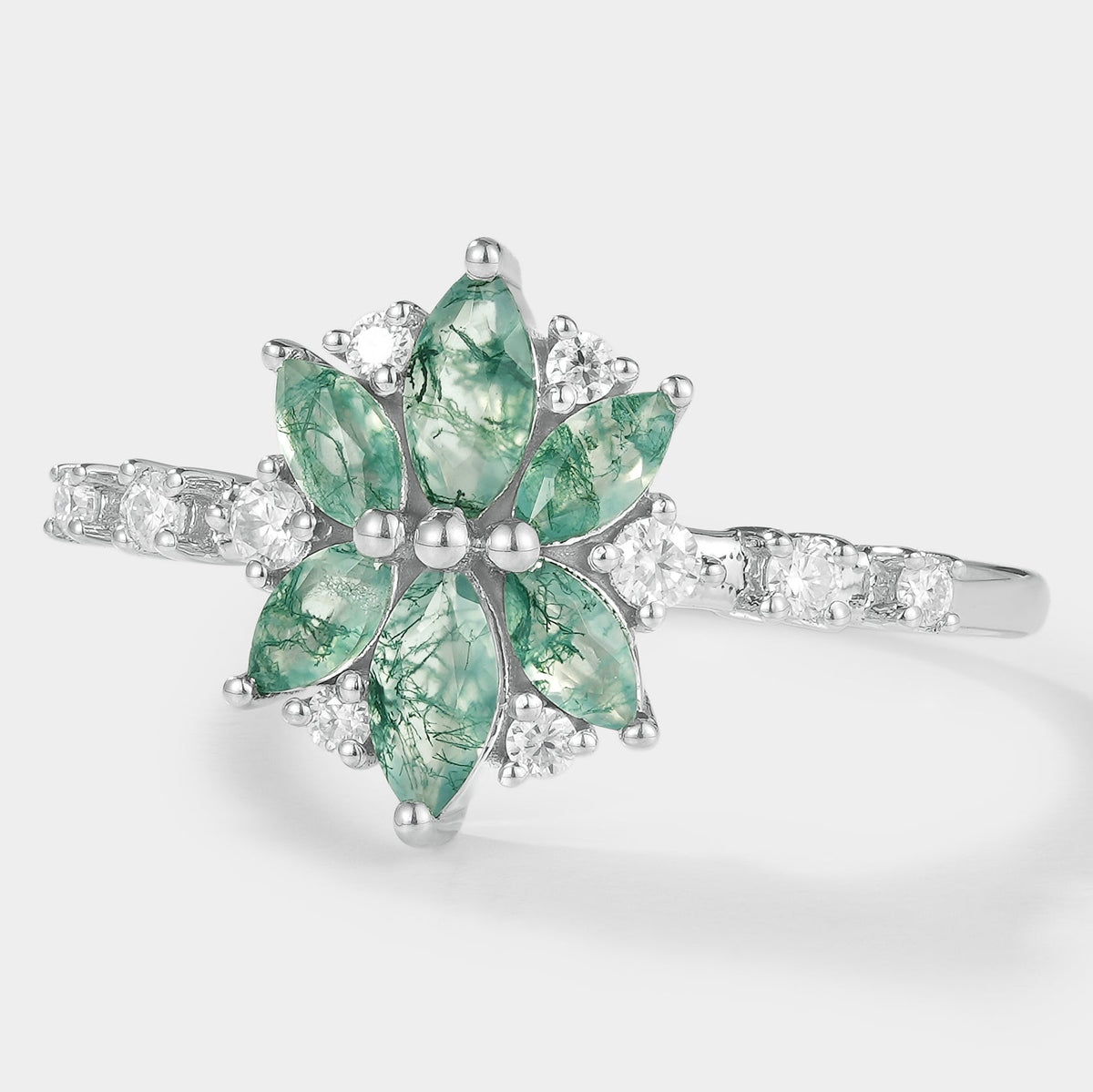 Marquise Cut Moss Agate Petal Engagement Ring