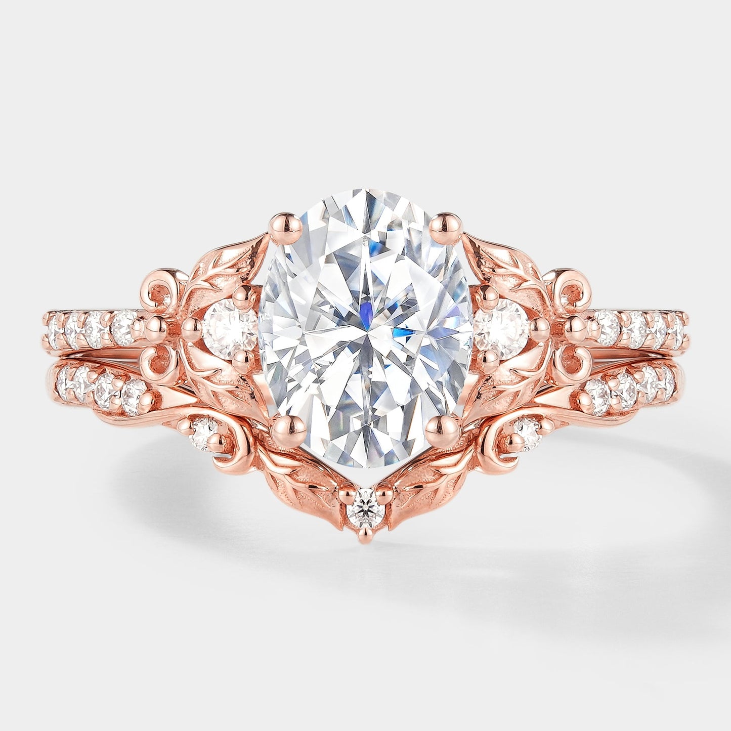 Leaf Inspired Oval Cut Moissanite Ring Set 2pcs
