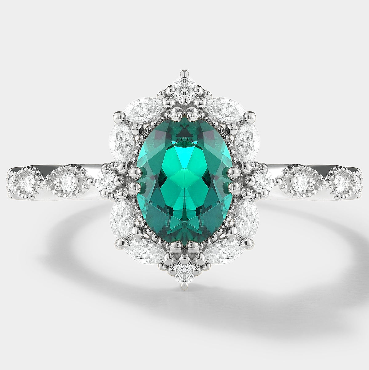 Vintage Oval Cut Lab Emerald Engagement Ring Moissanite Cluster