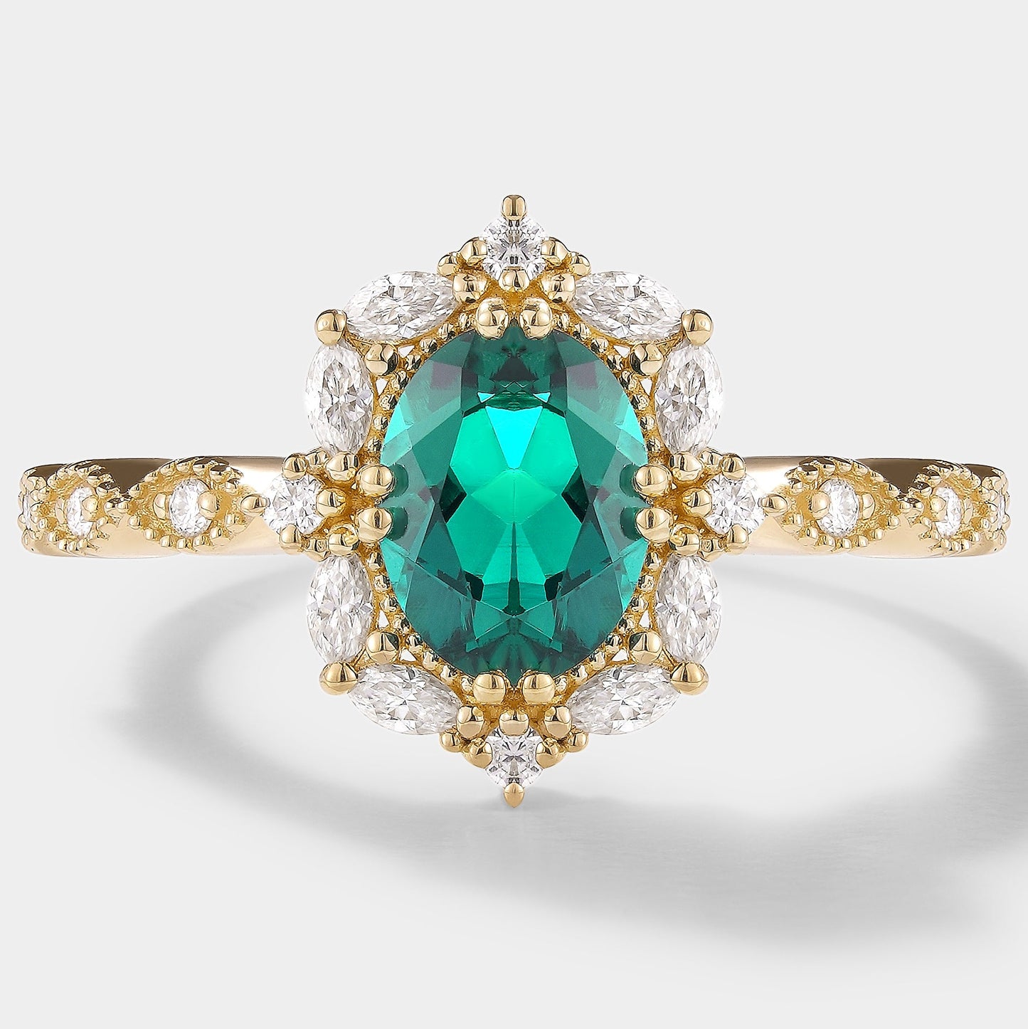 Vintage Oval Cut Lab Emerald Engagement Ring Moissanite Cluster