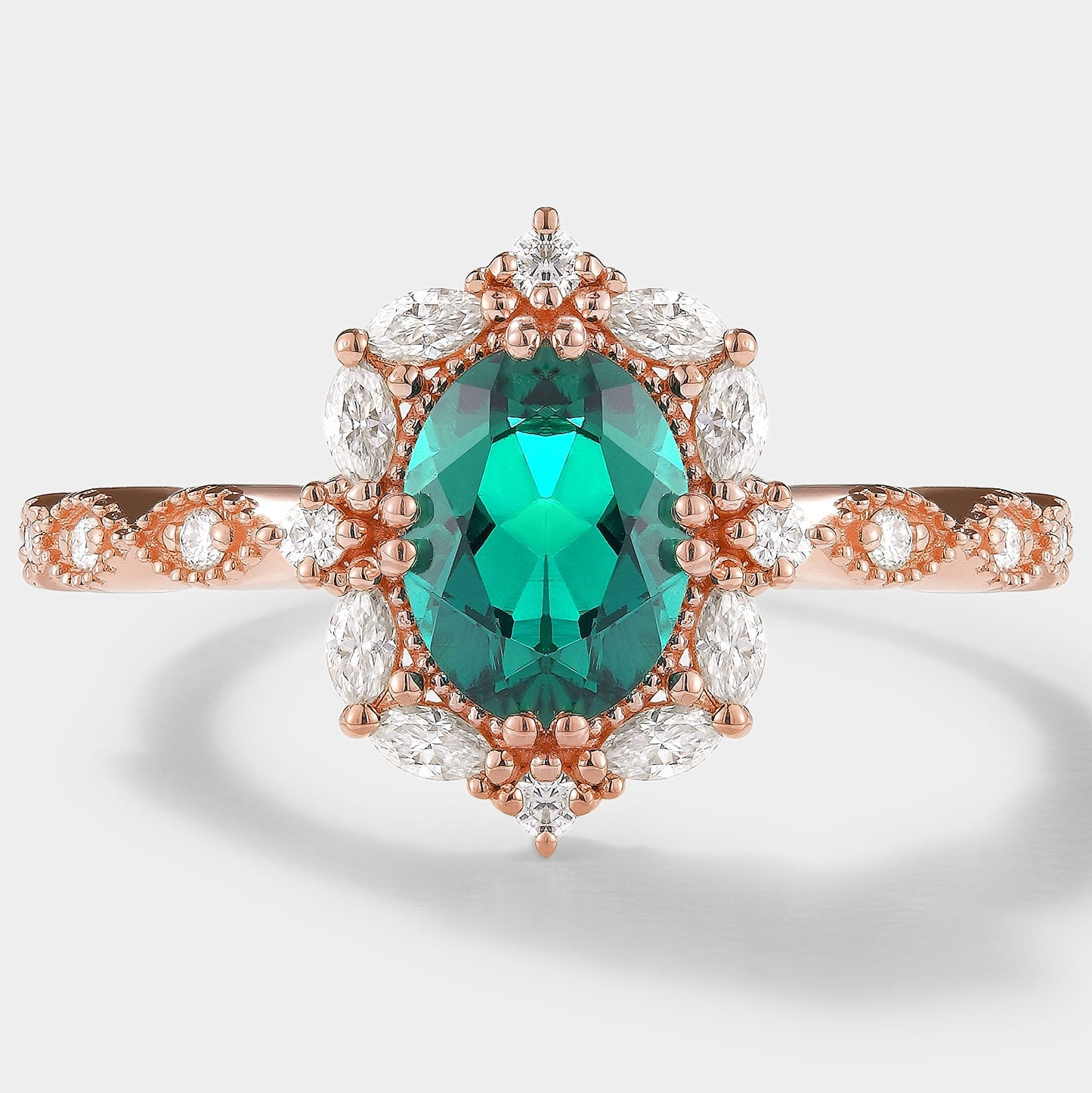 Vintage Oval Cut Lab Emerald Engagement Ring Moissanite Cluster