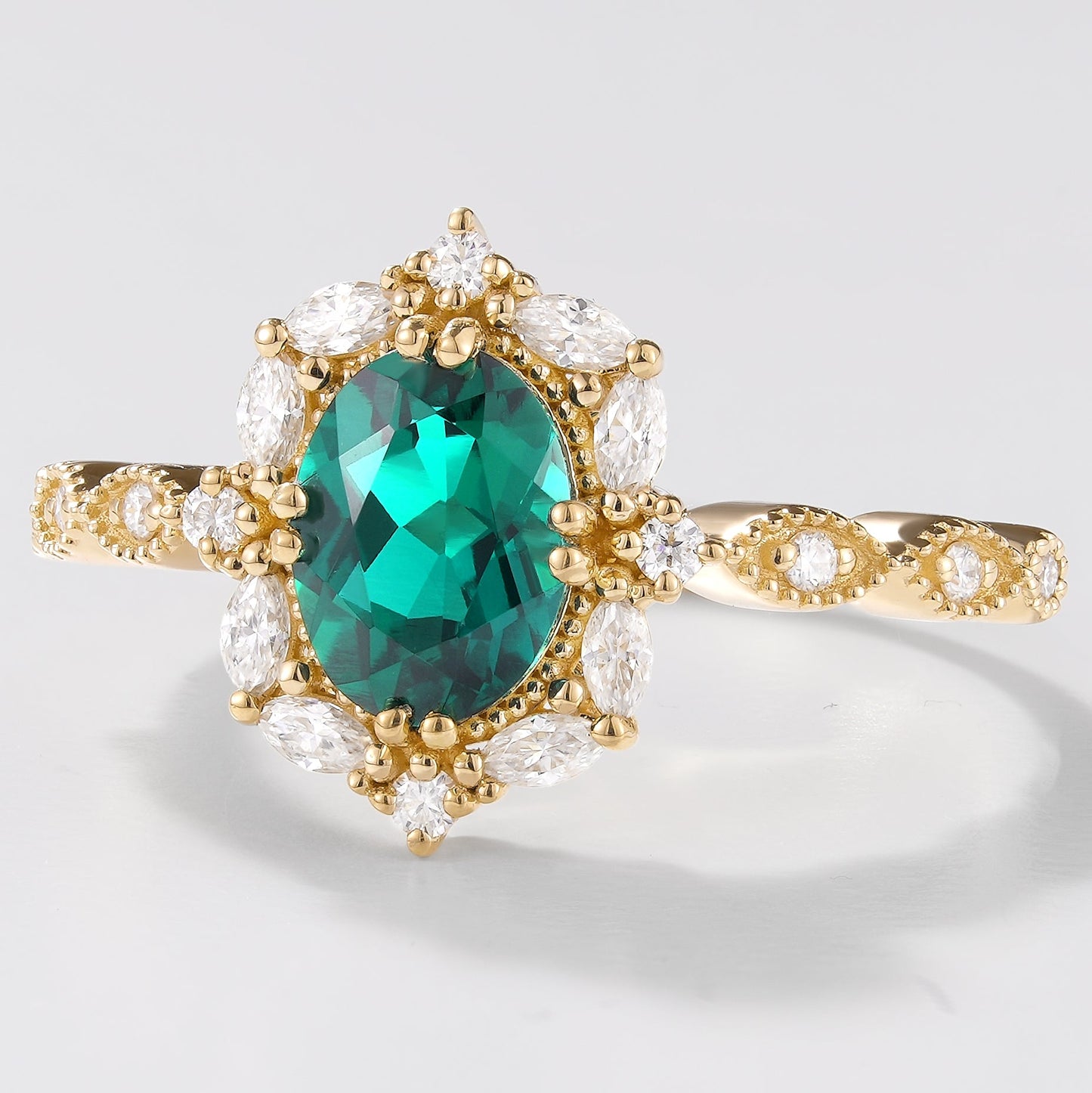 Vintage Oval Cut Lab Emerald Engagement Ring Moissanite Cluster