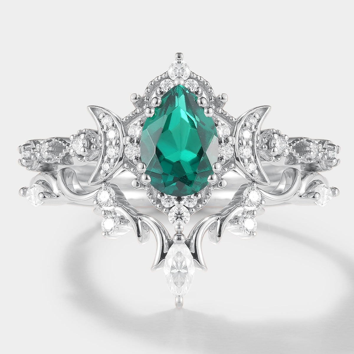 Lab Emerald Engagement Ring Set Moon Shaped Moissanite Cluster 2pcs