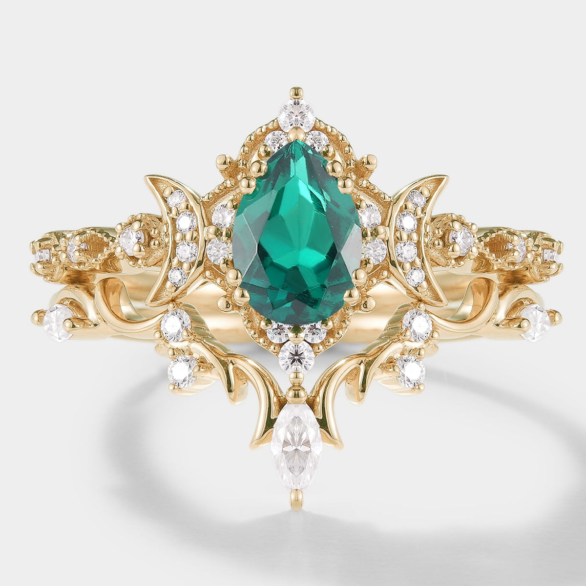 Lab Emerald Engagement Ring Set Moon Shaped Moissanite Cluster 2pcs