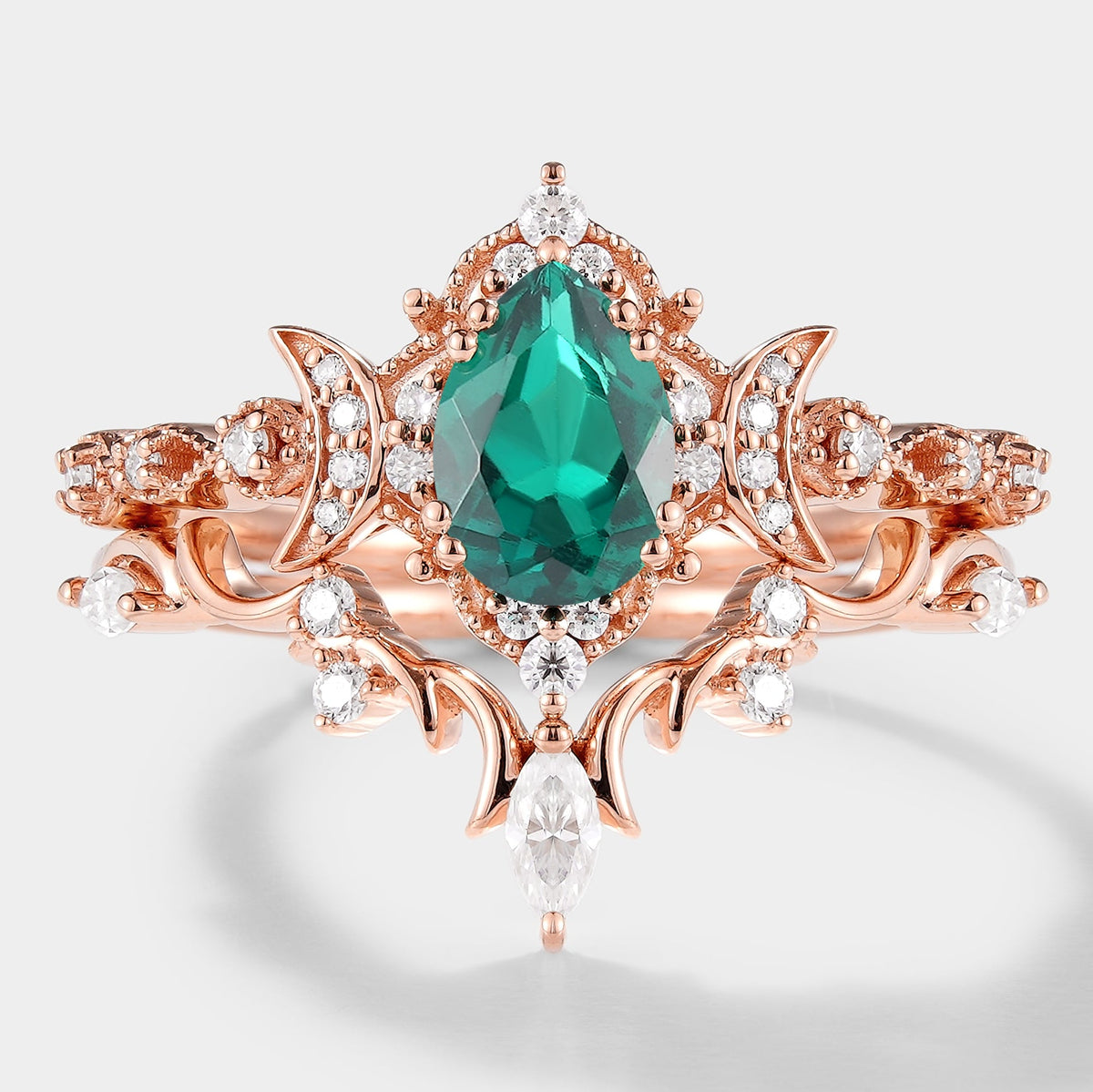 Lab Emerald Engagement Ring Set Moon Shaped Moissanite Cluster 2pcs