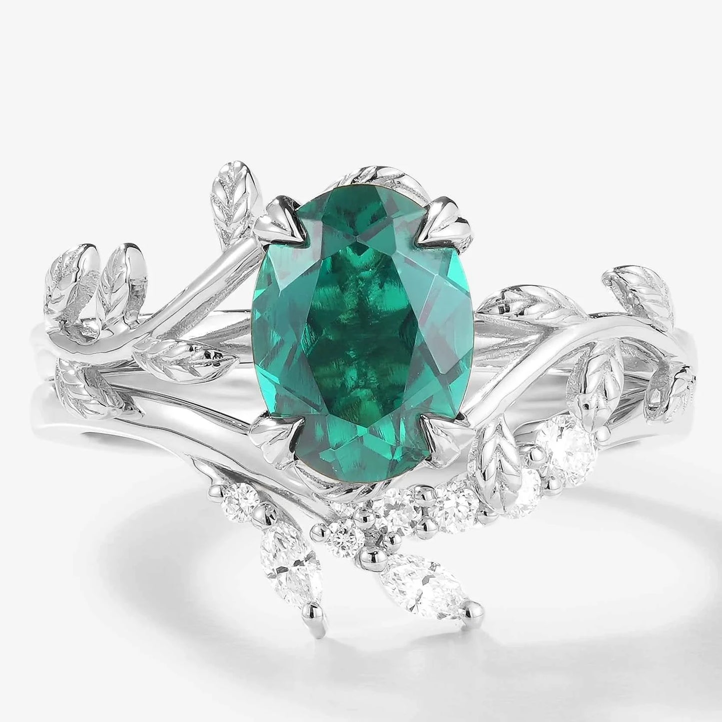 Oval Cut Emerald Leaf Engagement Ring Leaf Wedding Band 2pcs