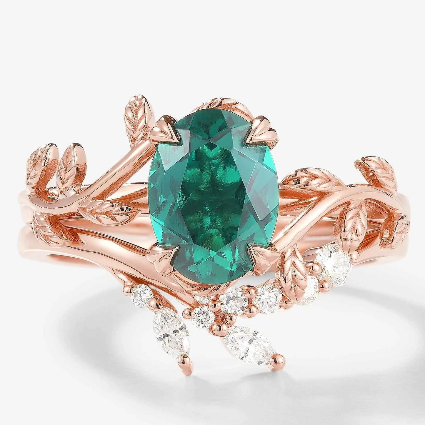 Oval Cut Emerald Leaf Engagement Ring Leaf Wedding Band 2pcs