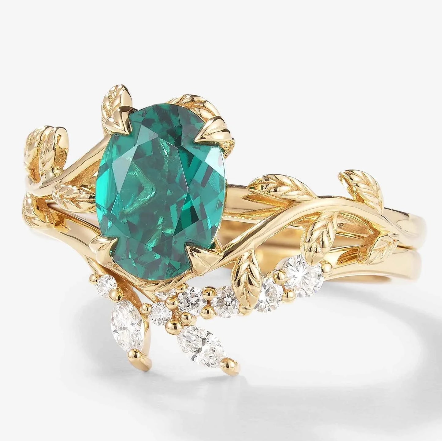 Oval Cut Emerald Leaf Engagement Ring Leaf Wedding Band 2pcs