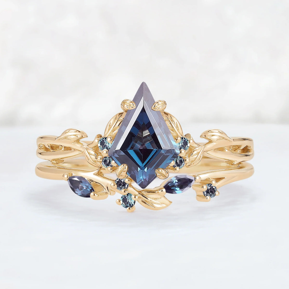Nature Inspired Kite Cut Alexandrite Leaf Ring Set 2pcs