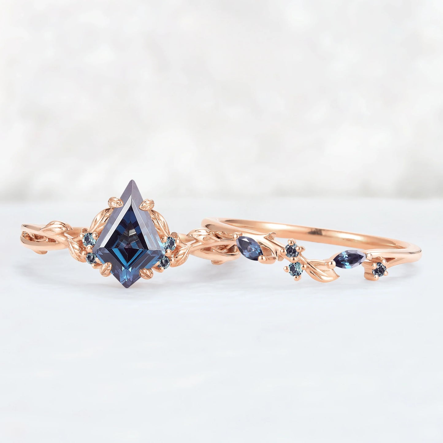 Nature Inspired Kite Cut Alexandrite Leaf Ring Set 2pcs