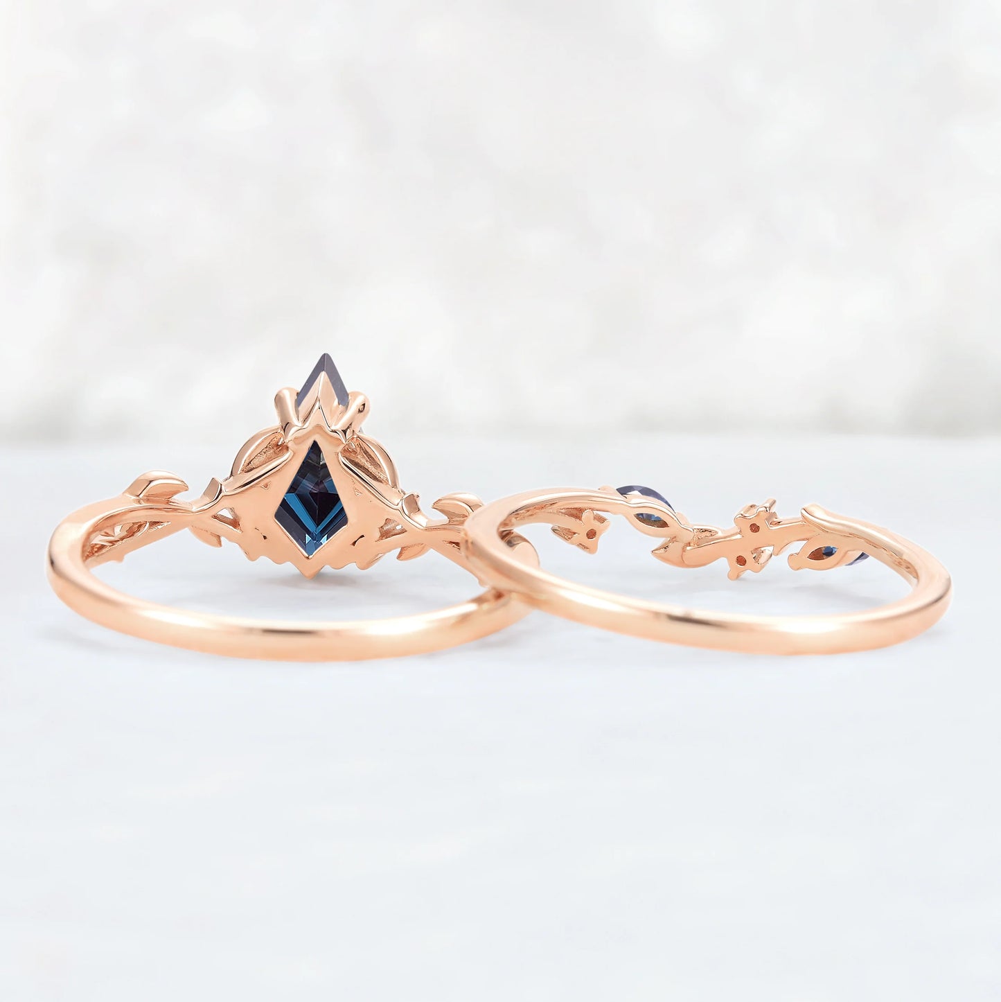 Nature Inspired Kite Cut Alexandrite Leaf Ring Set 2pcs