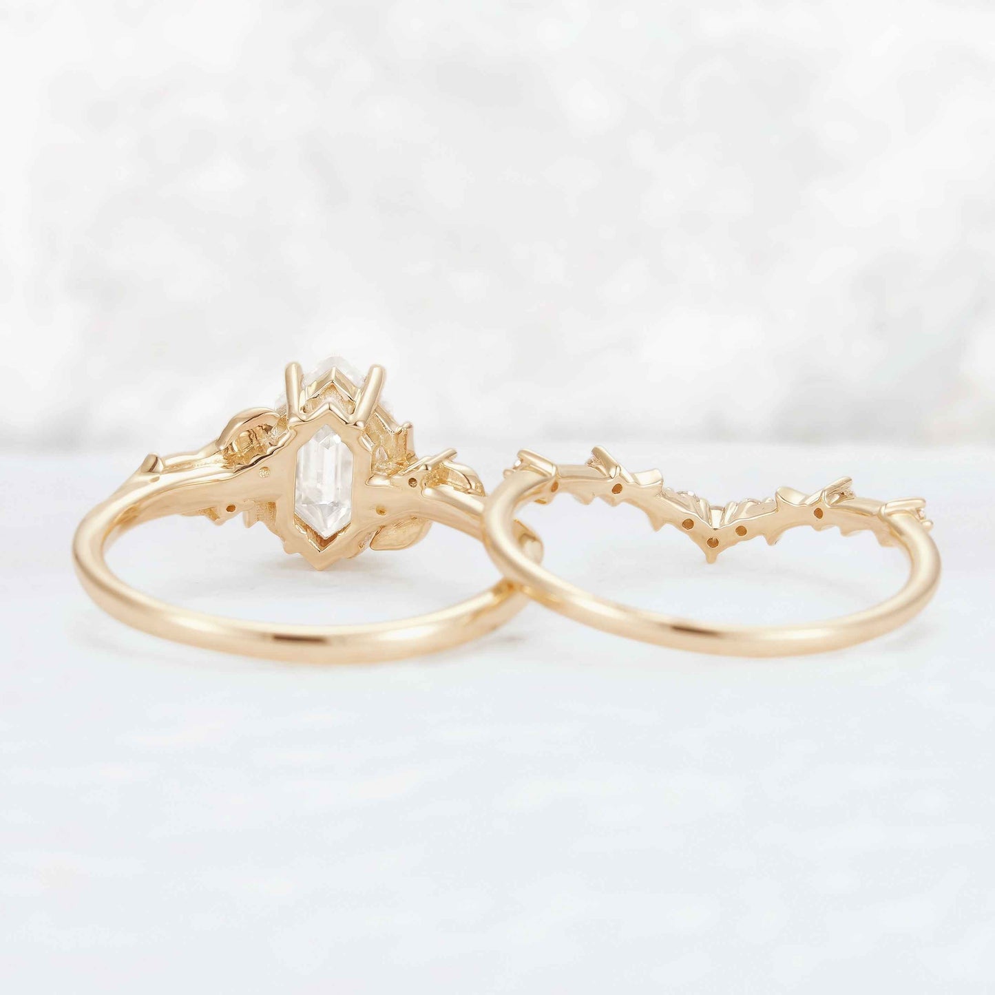 Nature Hexagon Cut Moissanite Vine Gemstone Ring Set 2pcs