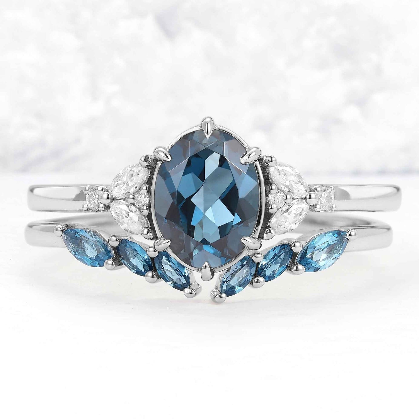 Cluster Oval London Blue Topaz Gemstone Silver Ring Set 2pcs