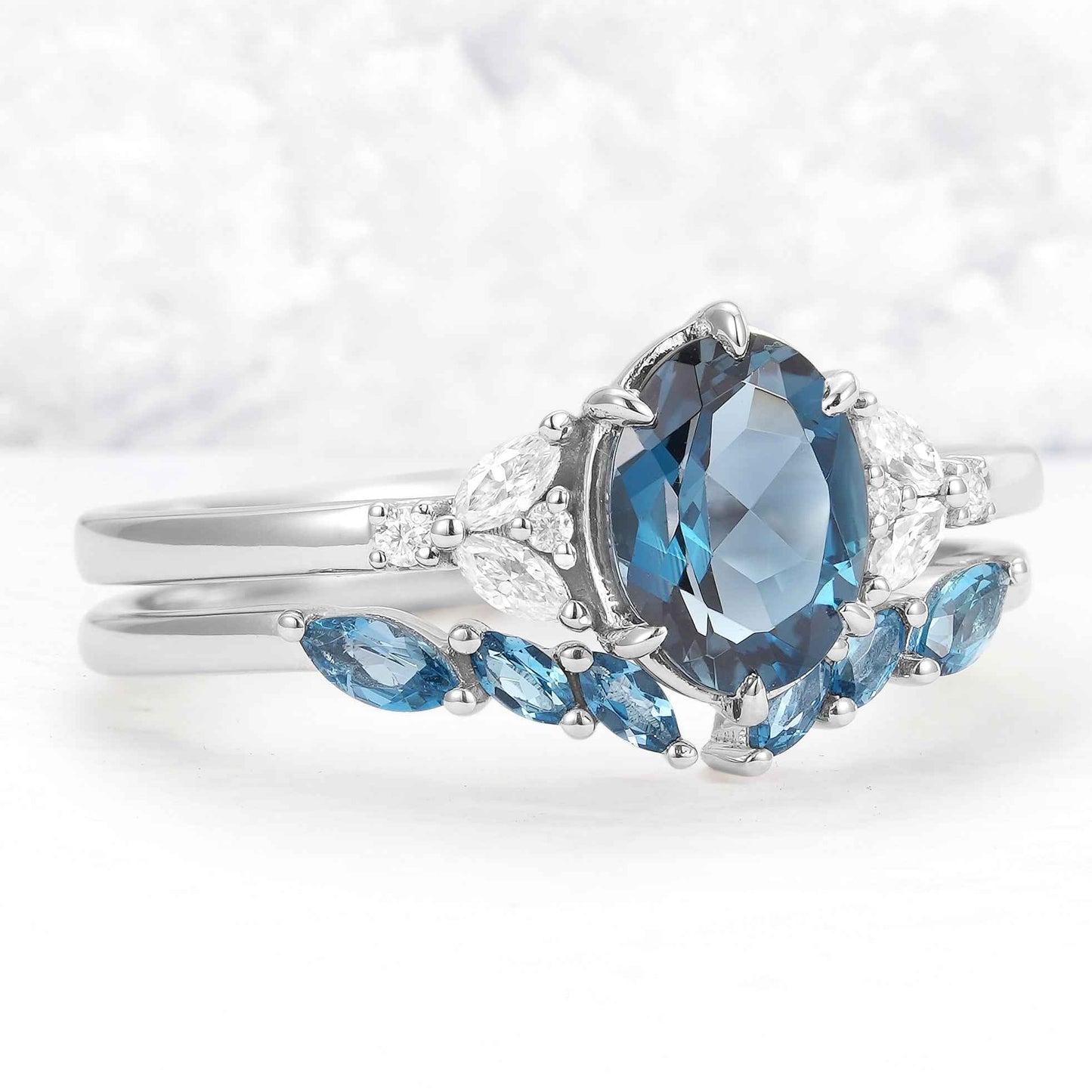 Cluster Oval London Blue Topaz Gemstone Silver Ring Set 2pcs