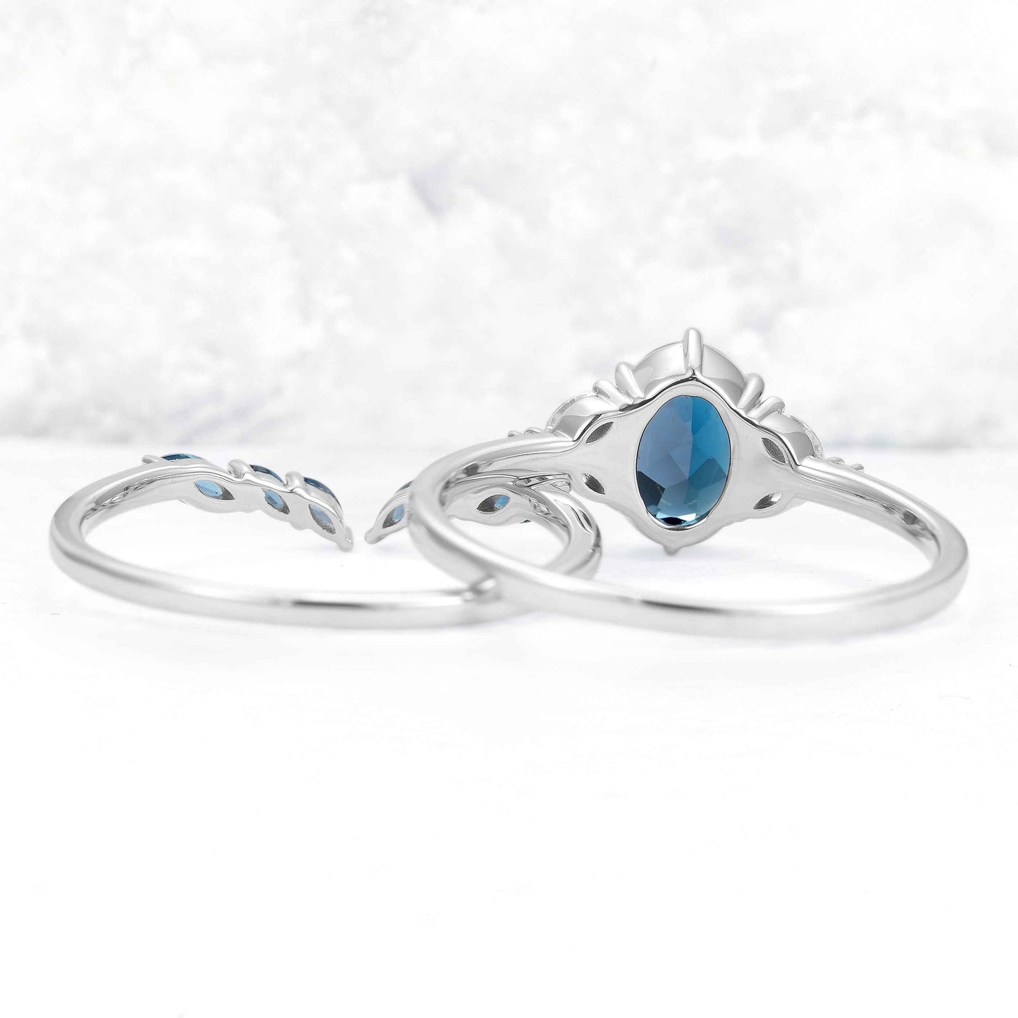 Cluster Oval London Blue Topaz Gemstone Silver Ring Set 2pcs