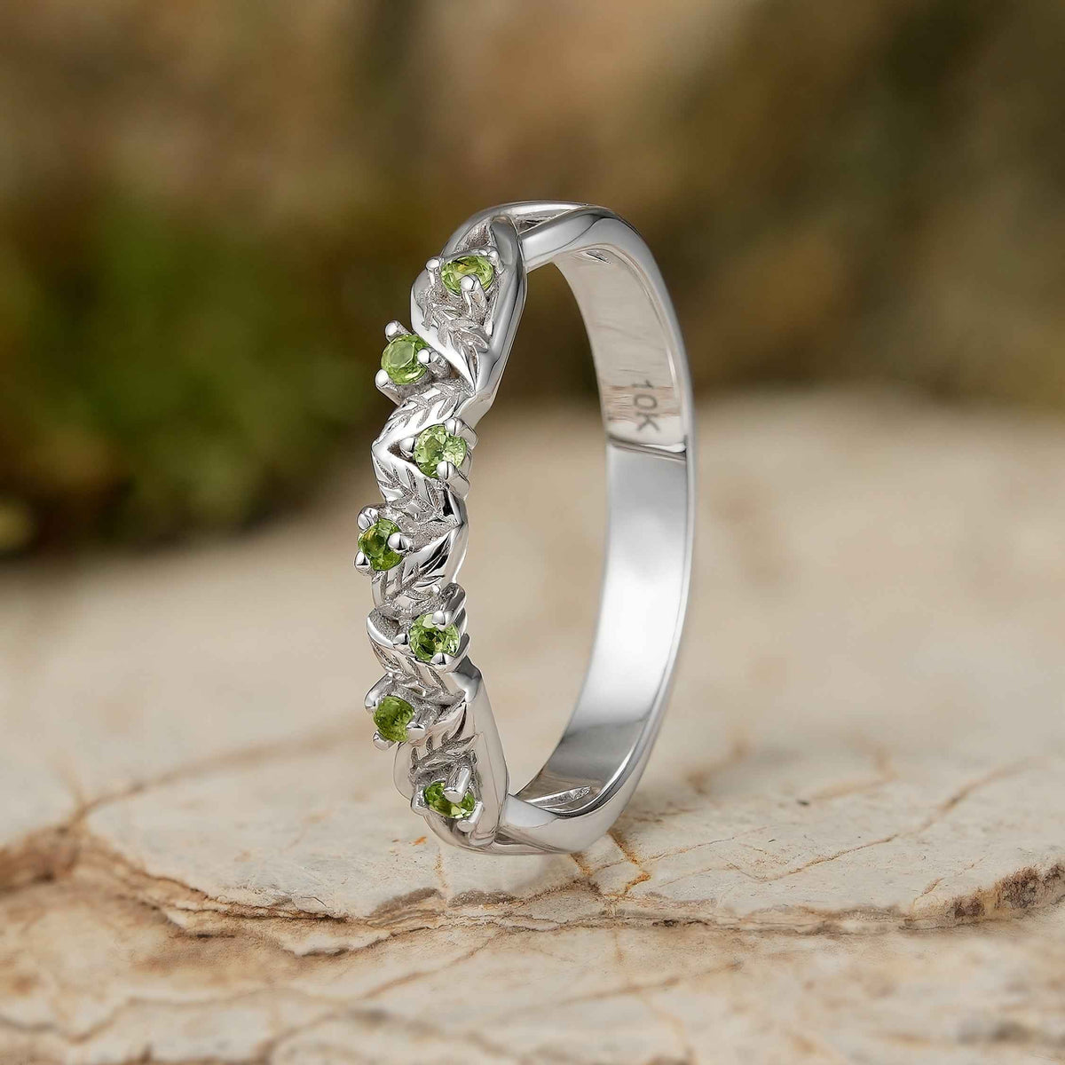 Nature Inspired Round Cut Peridot Willow Leaves Silver Stacking Ring