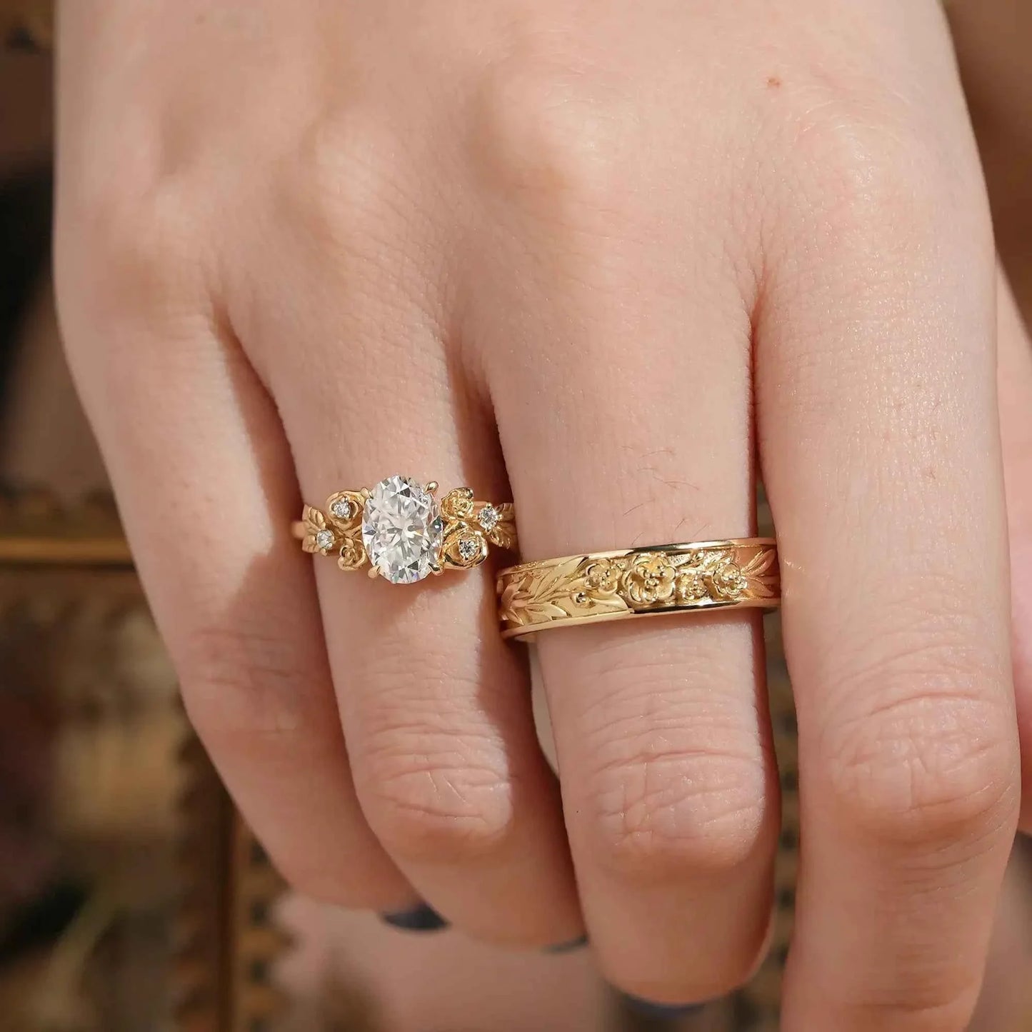 Rose Flower Inspired Oval Cut Moissanite Couple Wedding Ring Set - Evangeline & Hudson | GemsMagic