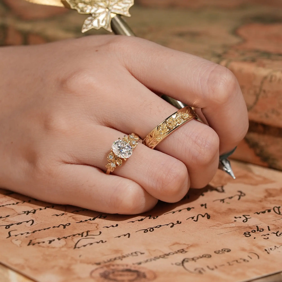 Rose Flower Inspired Oval Cut Moissanite Couple Wedding Ring Set - Evangeline & Hudson | GemsMagic