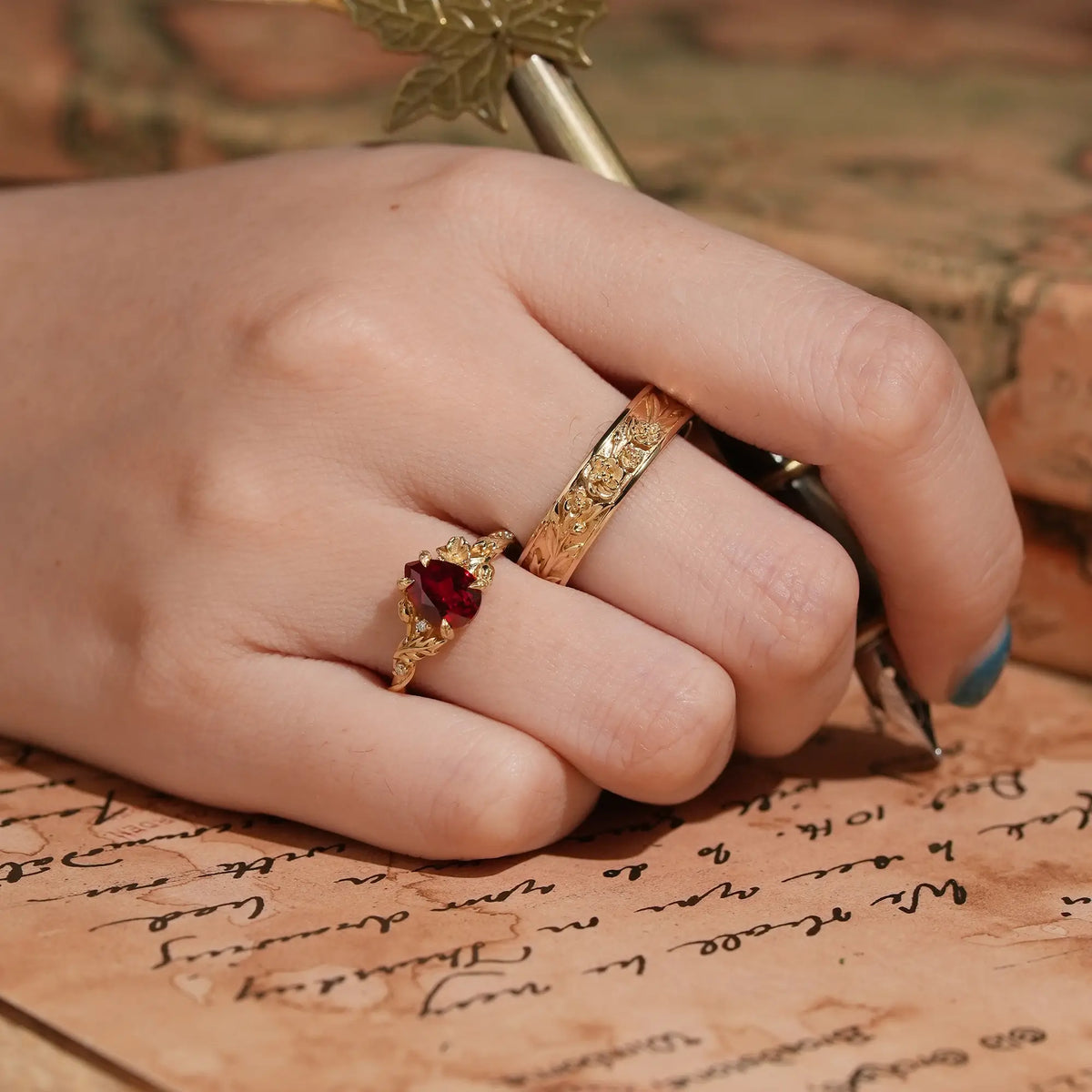 Ruby Flower Inspired Couple Wedding Ring Set - Annabelle & Hudson | GemsMagic