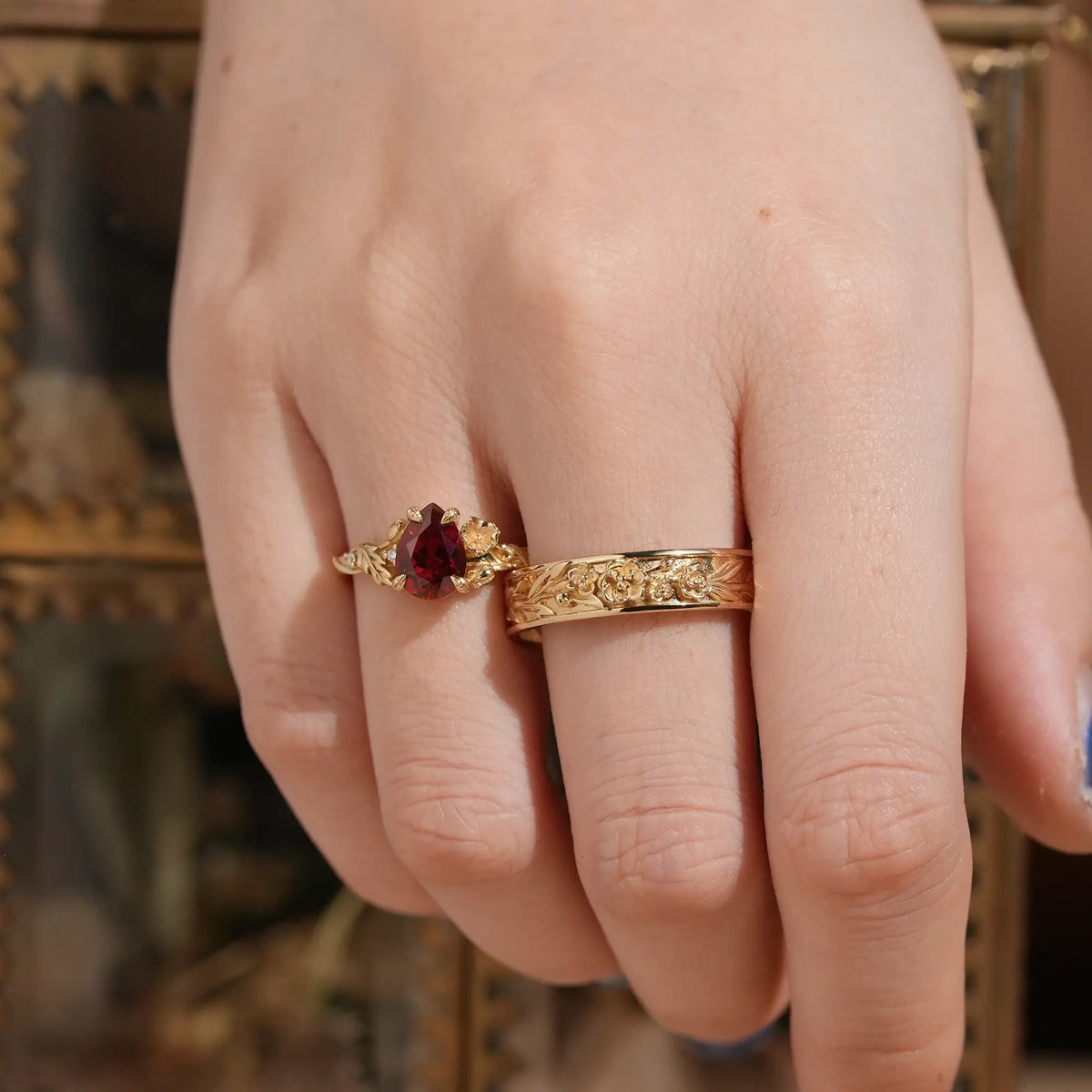 Ruby Flower Inspired Couple Wedding Ring Set - Annabelle & Hudson | GemsMagic