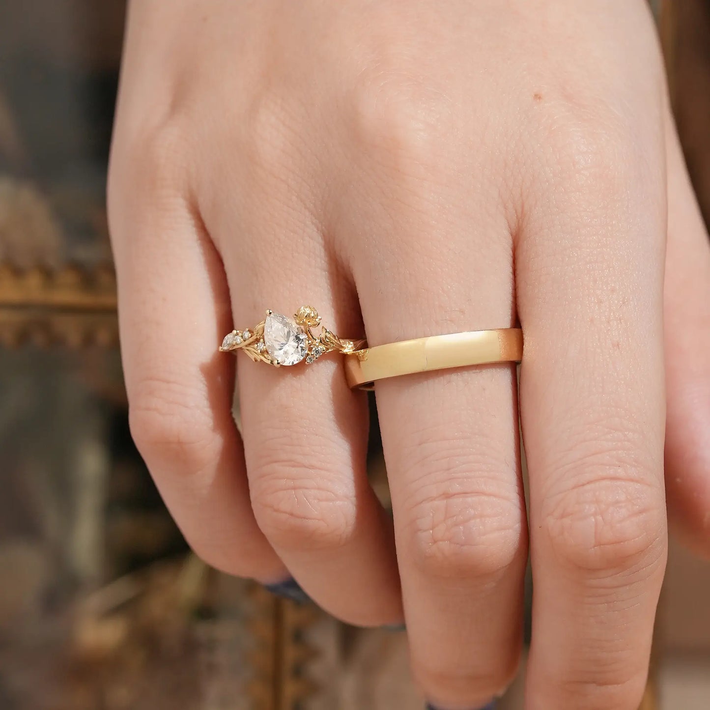 Snow Lotus Flower Inspired Pear Cut Moissanite Tilted Couple Wedding Ring Set - Kara & Evren | GemsMagic