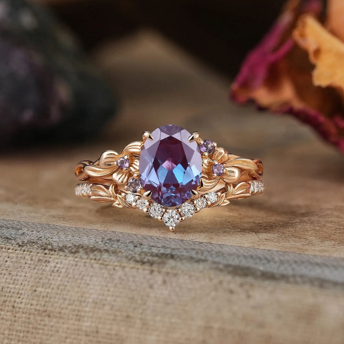 Oval Cut Alexandrite Iris Flower Inspired Bridal Ring Set - Elise | GemsMagic