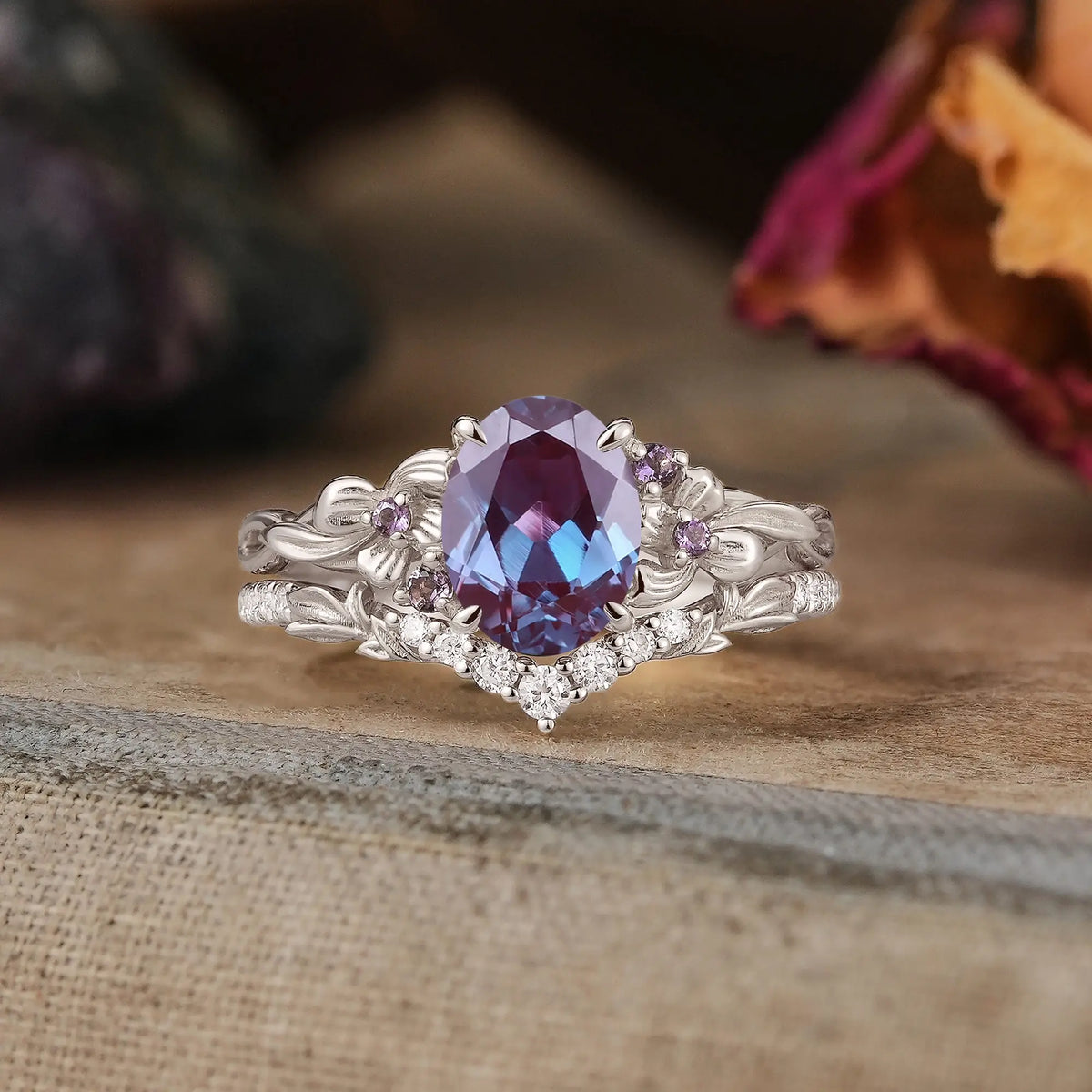 Oval Cut Alexandrite Iris Flower Inspired Bridal Ring Set - Elise | GemsMagic