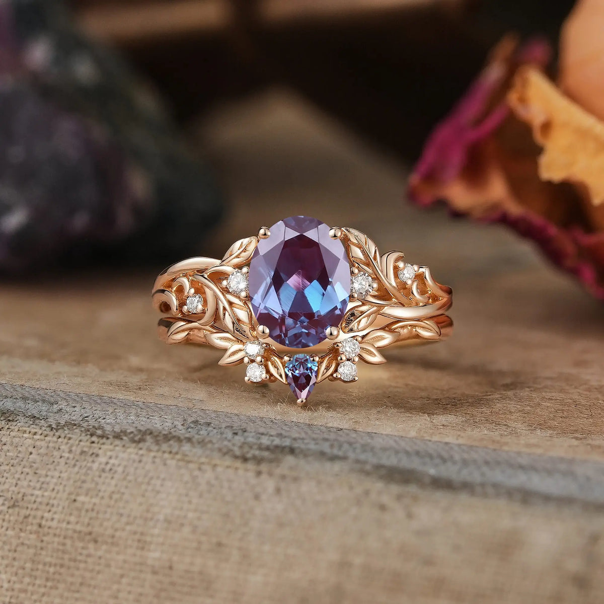 Oval Cut Alexandrite Leaf Inspired Darlene Bridal Ring Set | GemsMagic