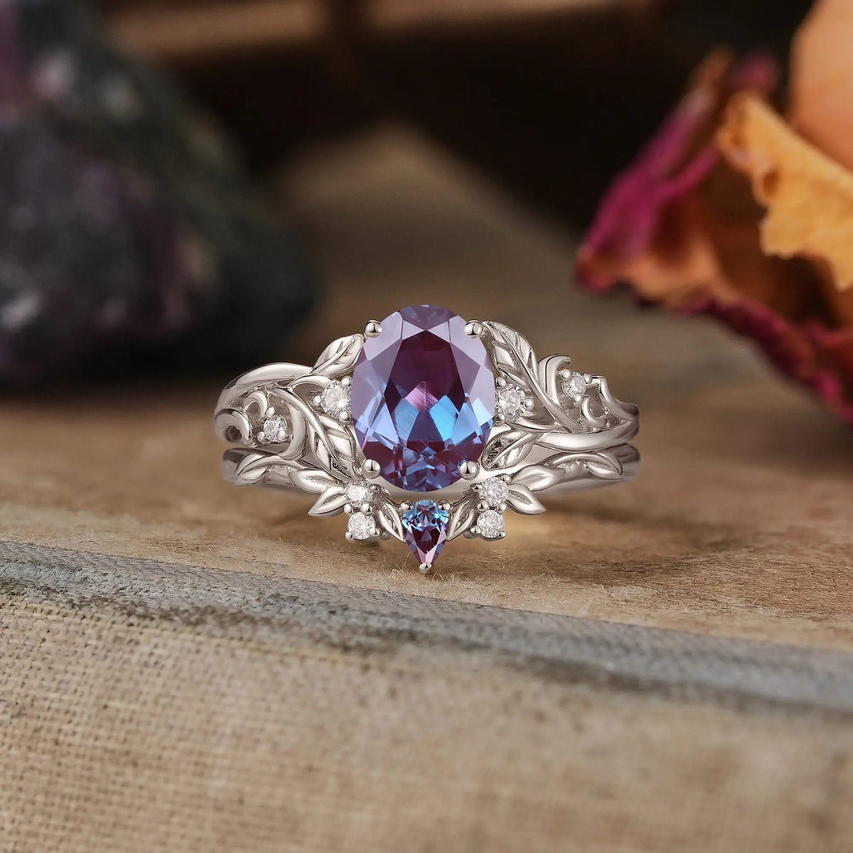 Oval Cut Alexandrite Leaf Inspired Darlene Bridal Ring Set | GemsMagic