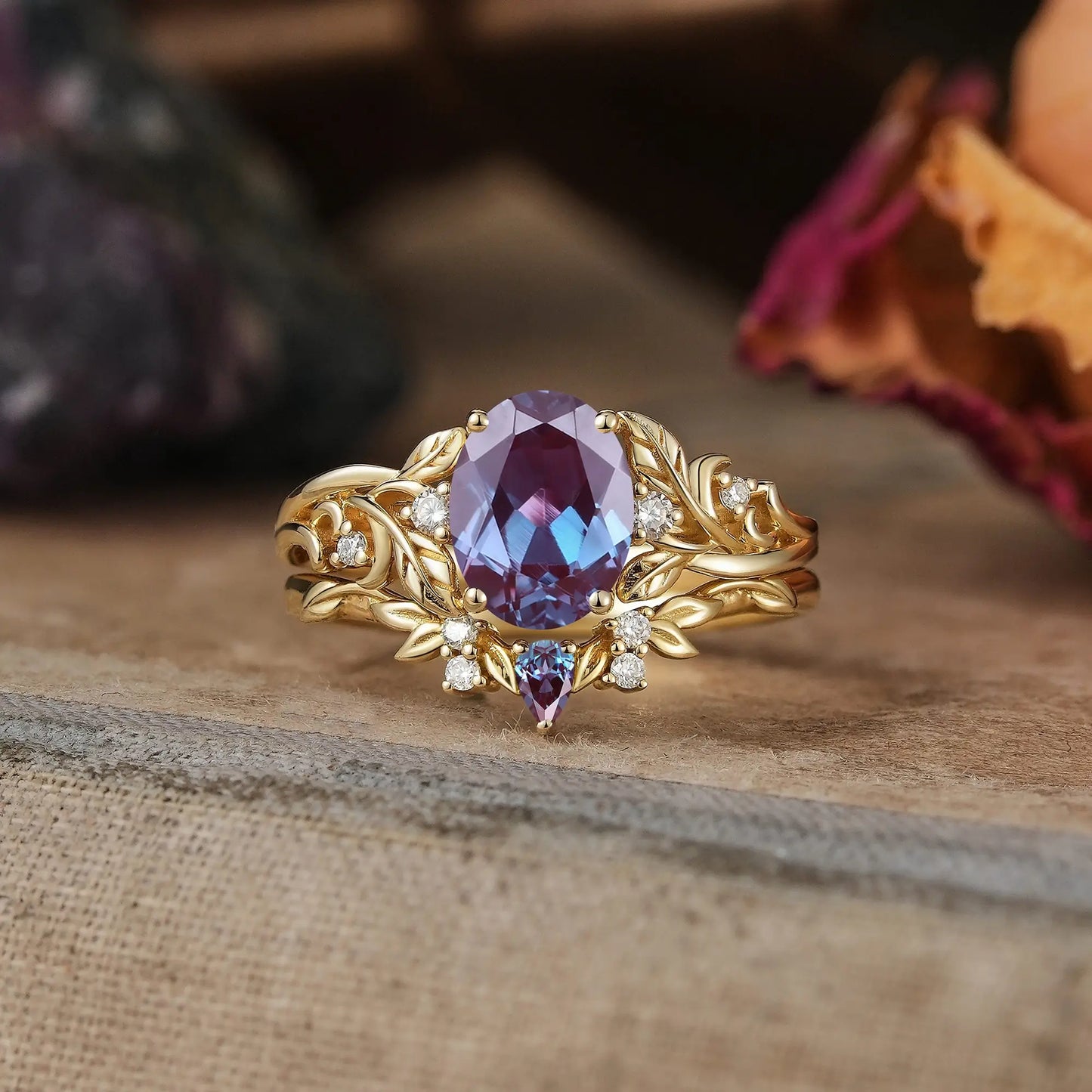 Oval Cut Alexandrite Leaf Inspired Darlene Bridal Ring Set | GemsMagic