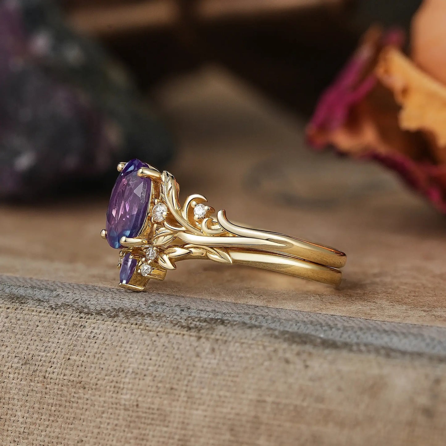Oval Cut Alexandrite Leaf Inspired Darlene Bridal Ring Set | GemsMagic