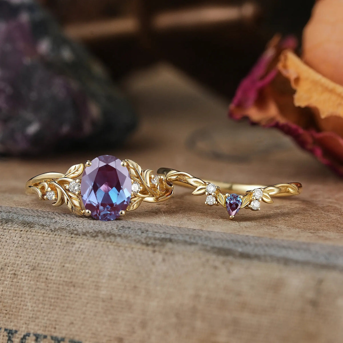 Oval Cut Alexandrite Leaf Inspired Darlene Bridal Ring Set | GemsMagic
