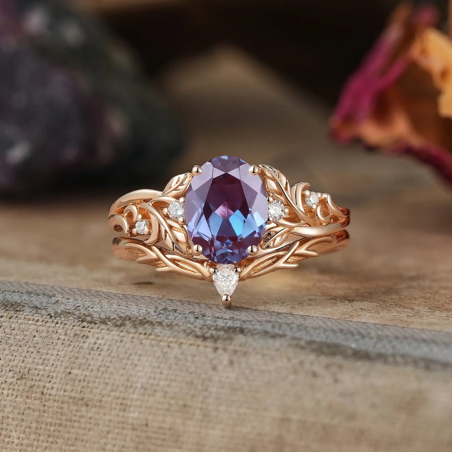 Nature Inspired Oval Cut Alexandrite Darlene Bridal Ring Set | GemsMagic