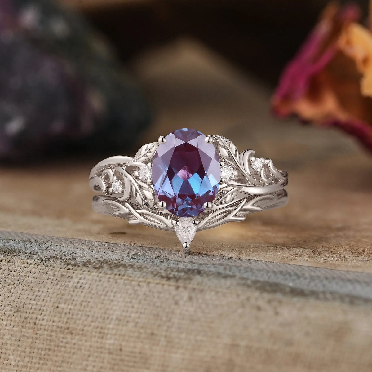 Nature Inspired Oval Cut Alexandrite Darlene Bridal Ring Set | GemsMagic