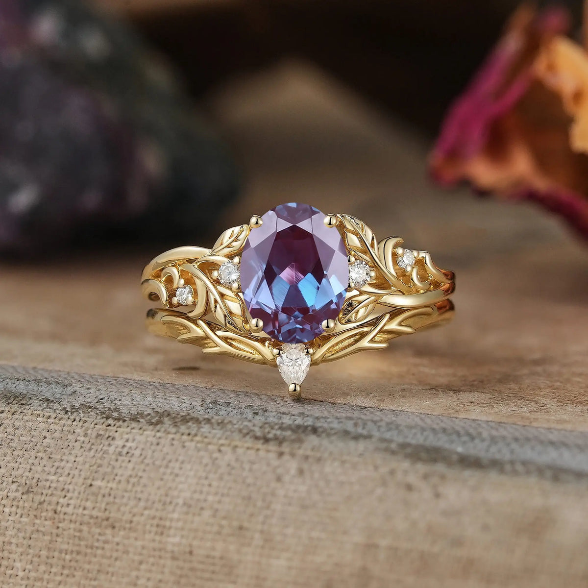 Nature Inspired Oval Cut Alexandrite Darlene Bridal Ring Set | GemsMagic