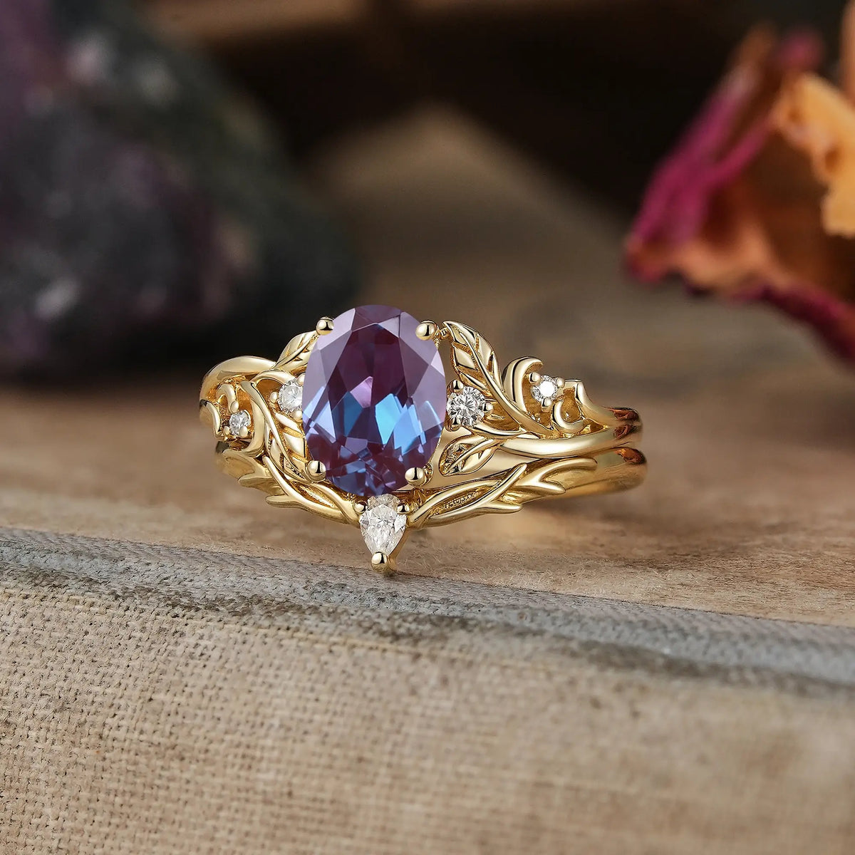 Nature Inspired Oval Cut Alexandrite Darlene Bridal Ring Set | GemsMagic