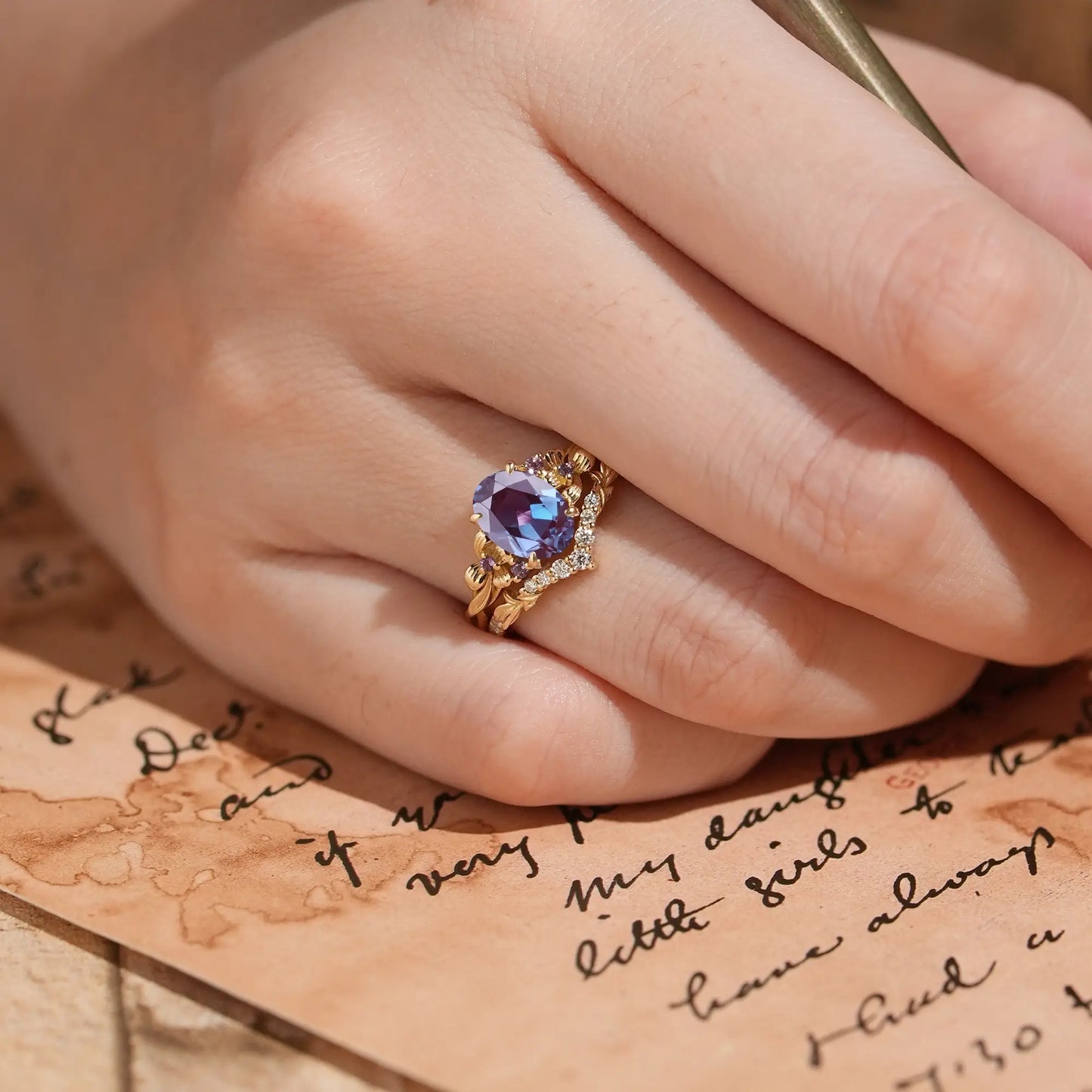 Oval Cut Alexandrite Iris Flower Inspired Bridal Ring Set - Elise | GemsMagic