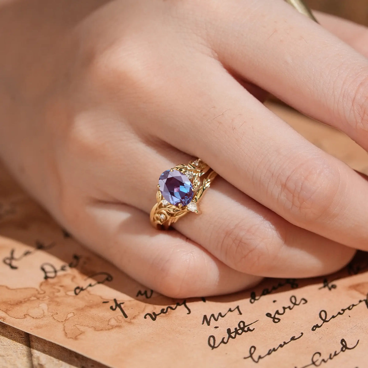 Nature Inspired Oval Cut Alexandrite Darlene Bridal Ring Set | GemsMagic